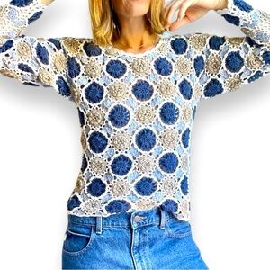 Express Tricot Blue-Cream-Tan Hand Knitted Long Sleeve Ramie/Cotton Sweater
